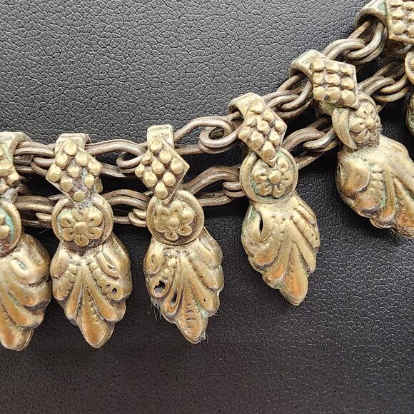 Antique Gilt Brass Leaf Fringe Bib Necklace Austrian Bohemian c1918–1930 S-Hook - Picture 2 of 8